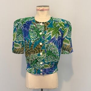 Leslie Fay Green and Blue Leaf Print Blouse